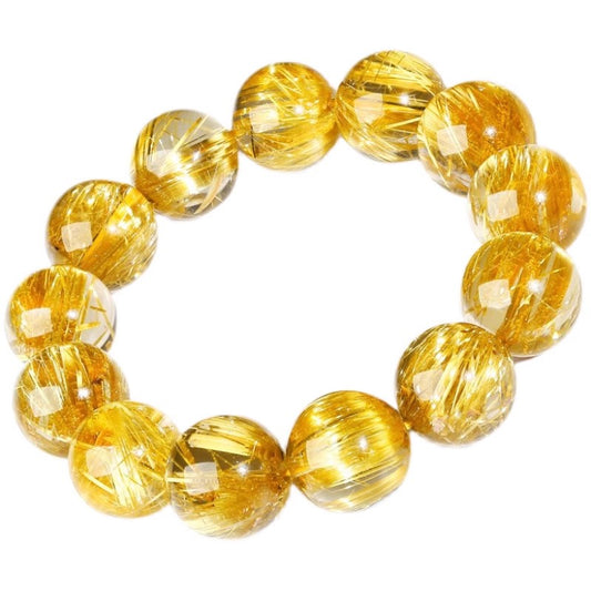 Natural Brazilian Golden Rutile Bracelet for Women, Golden Titanium Quartz Beaded Bracelet for Men, Yellow Rutile Quartz Crystal Lucky Bead, Couple's Gift